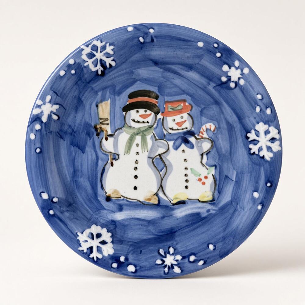 Snow Couple Dinner Plate, Tabletops Unlimited, Blue Snowman Holiday Dish